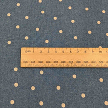 Load image into Gallery viewer, Flat lay of cotton linenspot fabric, in slate blue colourway. Made in Japan, by Kokka. Available at Minerva&#39;s Bower. Ruler included for scale