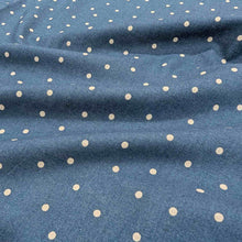 Load image into Gallery viewer, Flat lay of cotton linenspot fabric, in slate blue colourway. Made in Japan, by Kokka. Available at Minerva&#39;s Bower. Fabric draped to show how it handles