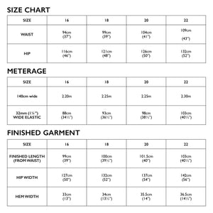 extended size chart for Tessuti Patterns Naia Pants paper pattern available at Minerva's Bower