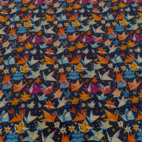 Flat lay of 100% cotton poplin, pre shrunk, origami print, for sale at Minerva's Bower 