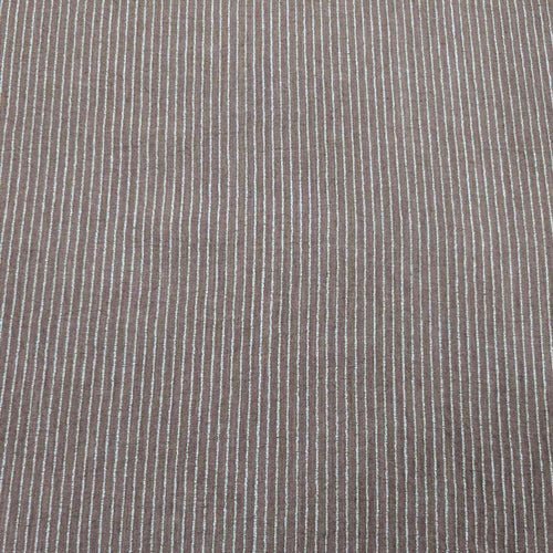 Close-up of brown fabric with thin white stripes. Available at Minerva's Bower