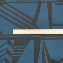 Load image into Gallery viewer, Metropolis is a dramatic, large scale graphic print. Pure cotton, with black on teal background, available at Minerva&#39;s Bower. Image includes a ruler for scale