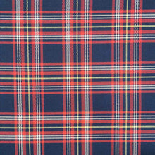 Load image into Gallery viewer, Chloe is a pure cotton tartan twill. A navy blue base, with lines of red, white and yellow, to create the plaid effect. Available at Minerva&#39;s Bower