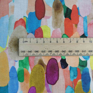 Scale of Pure midweight linen Confetti with vibrant multicolour painterly oval splashes now at Minerva's Bower