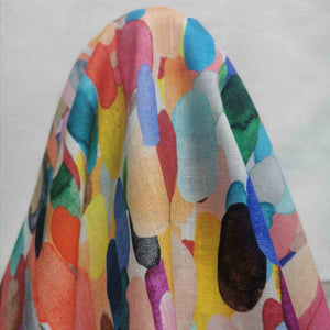 Drape of Pure midweight linen Confetti with vibrant multicolour painterly oval splashes now at Minerva's Bower