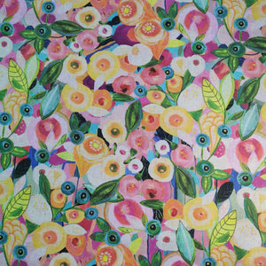 Pure midweight linen Exotic Garden with vibrant multicolour fruit inspired floral design now at Minerva's Bower