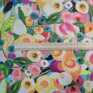 Scale of Pure midweight linen Exotic Garden with vibrant multicolour fruit inspired floral design now at Minerva's Bower