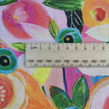 Load image into Gallery viewer, Close up Scale of Pure midweight linen Exotic Garden with vibrant multicolour fruit inspired floral design now at Minerva&#39;s Bower