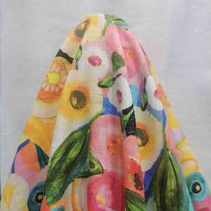 Drape of Pure midweight linen Exotic Garden with vibrant multicolour fruit inspired floral design now at Minerva's Bower