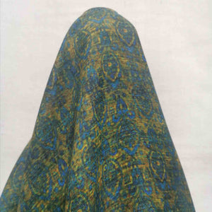 Drape of Pure Ramie Azita Olive with olive green base and blue Persian designs now at Minerva's Bower