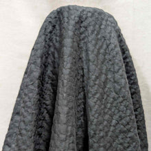 Load image into Gallery viewer, Flat lay of pure cotton voile seersucker self stripe, in black colourway. Available at Minerva&#39;s Bower. Fabric draped to show how it handles