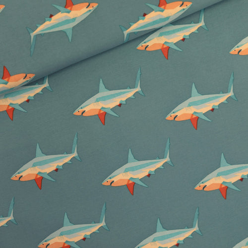 Flat Lay of See You At Six Cotton French Terry, Sharks, for sale at MInerva's Bower