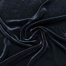 Load image into Gallery viewer, Flat lay of pure silk velvet in black colourway. Available at Minerva&#39;s Bower. Fabric draped to show how it handles