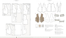 Load image into Gallery viewer, Vest pattern diagram with labeled parts on a white background, from the Gentleman&#39;s Wardrobe, available at Minerva&#39;s Bower