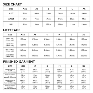 Size Chart of Tessuti Patterns Alice Top Paper Pattern for sale at Minerva's Bower