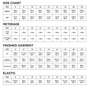 Size Chart for Tessuti Patterns Bailee Shorts Paper Pattern For Sale at Minerva's Bower