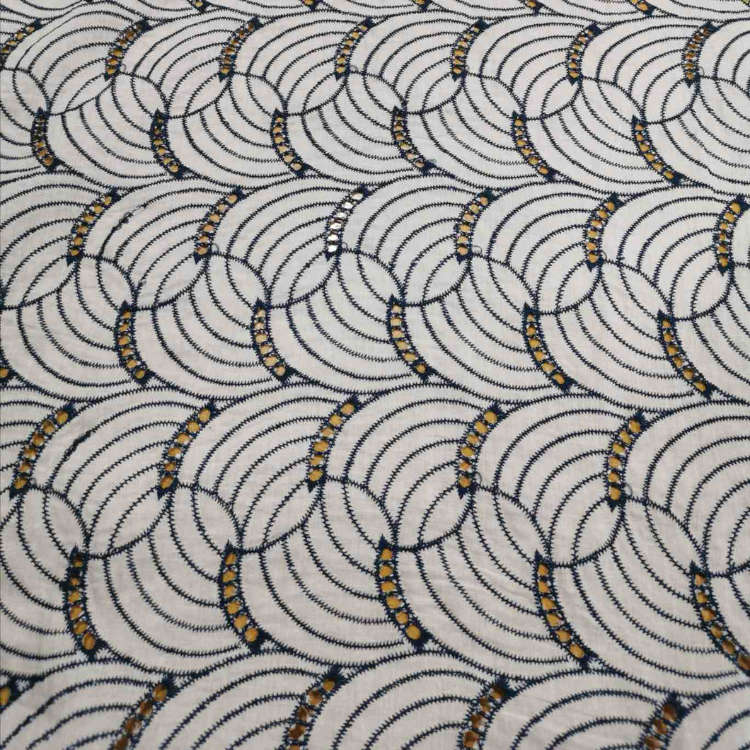 100% Cotton Embroidered Lawn, White with Denim Circles - 1/4 metre