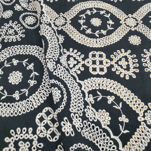 100% Cotton Embroidered Lawn, Black with Taupe Embroidery - 1/4 metre