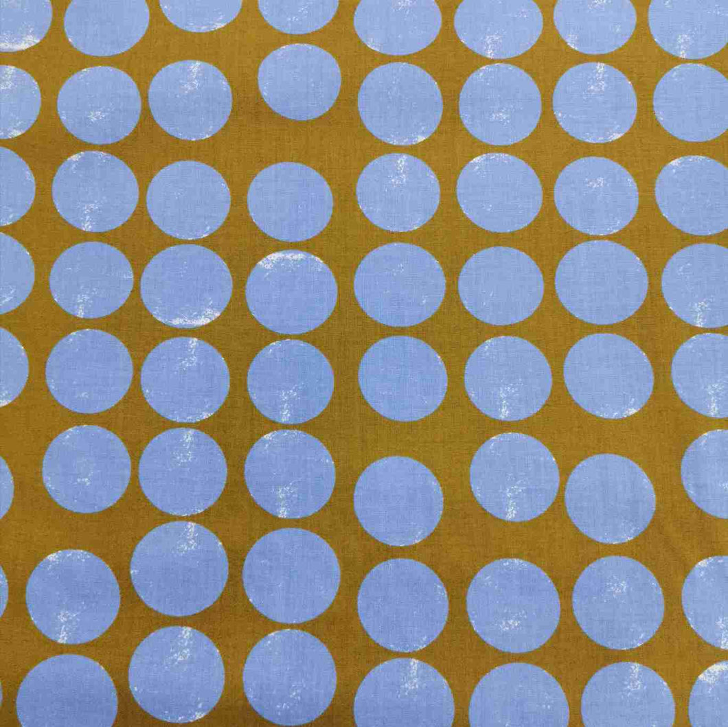100% Cotton, Blue Moon on Mustard, Warp and Weft Honey by Ruby Star Society - 1/4 metre