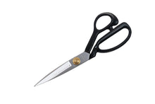 Load image into Gallery viewer,  LDH traditional fabric shears with black handles and stainless steel blades, featuring a golden emblem on the blade, for sale at Minerva's Bower