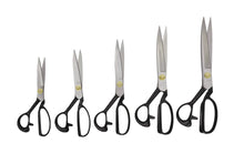 Load image into Gallery viewer, A range of LDH traditional fabric shears with black handles and stainless steel blades, including 9"shears , for sale at Minerva's Bower