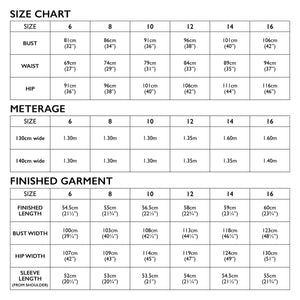 Size Chart for Tessuti Patterns Lyon Coat  paper Pattern for sale at Minerva's Bower