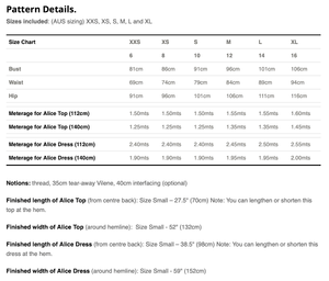 Size Chart of Tessuti Patterns Alice Top Paper Pattern for sale at Minerva's Bower