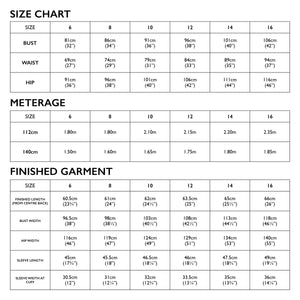 Size Chart for Tessuti Patterns Harlow Shirt Paper pattern for sale at Minerva's Bower