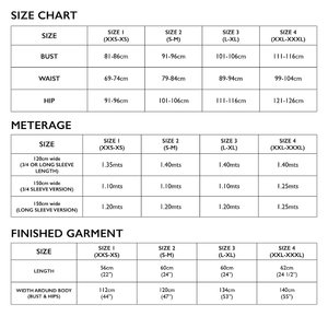 Size Chart for Tessuti Patterns Mandy Boat Tee for sale at Minerva's Bower