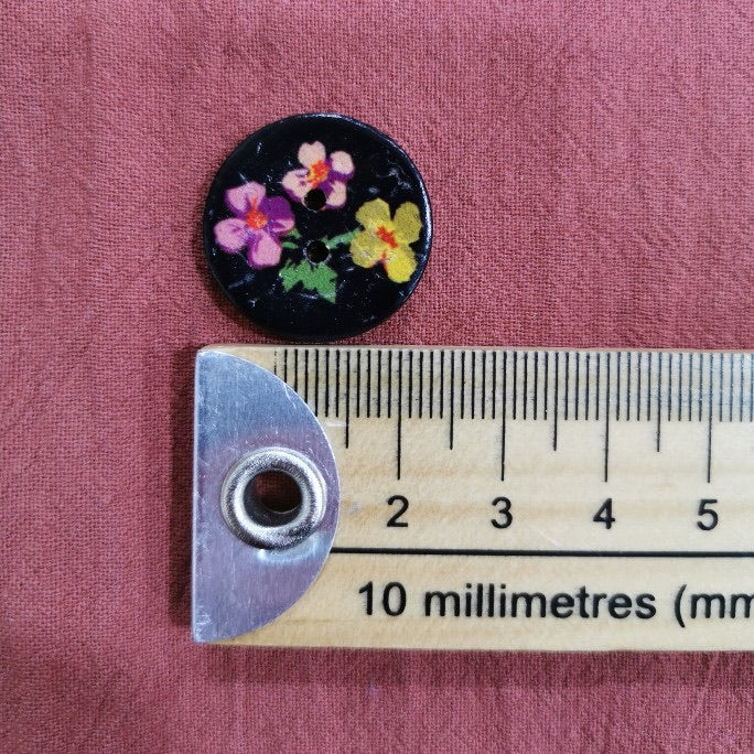 Italian Painted Black Floral Coconut Button, Medium
