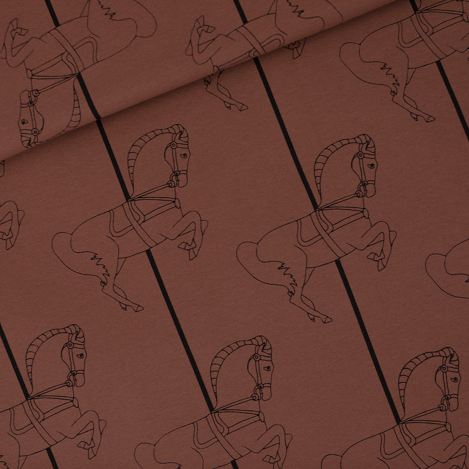 See You At Six Cotton French Terry, Carousel Horse, Tiramisu Brown  - 1/4 metre