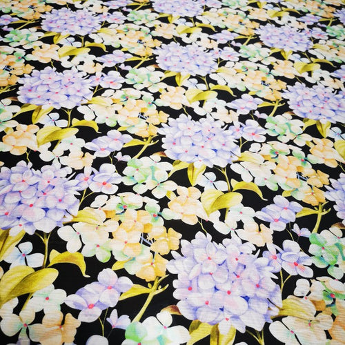 Silk Linen , Hydrangeas on Black - 1/4 metre