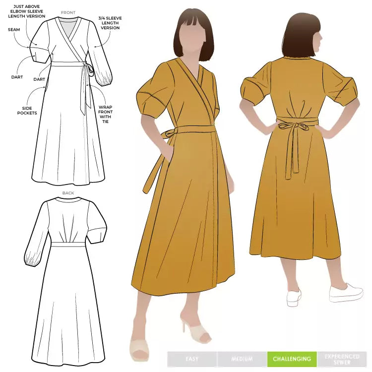 Wrap dress technical fashion illustration with deep Vneck short sleeves  oversized knee length pencil cut tie Flat apparel template front back  grey color style Women men unisex CAD mockup Stock Vector Image