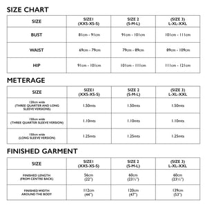 size chart for Tessuti Patterns Monroe Turtleneck paper pattern available at MInerva's Bower