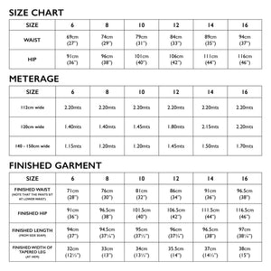 Size chart for Tessuti Patterns Nina Pants paper pattern available at Minerva's Bower